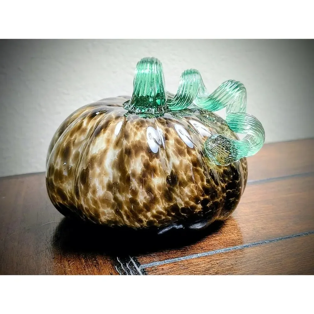 Hand Blown Art Glass Pumpkin Twist Stem Green Brown Thanksgiving Fall Decor